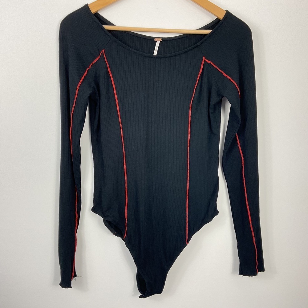 Free People Black Cherrie Armour Ribbed Long Sleeve Bodysuit Size Small